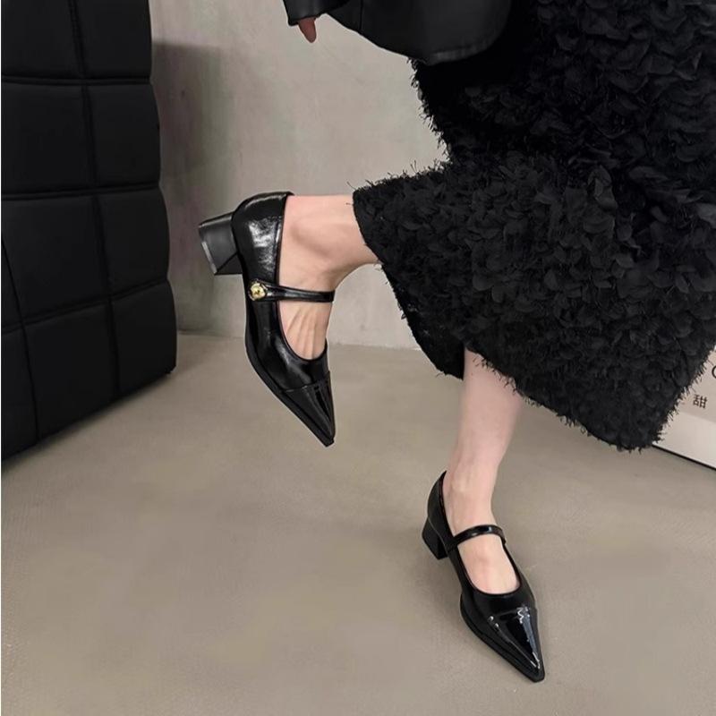 Остроносые маленькие кожаные туфли женские 2025 новая весна толстый каблук низкий каблук высокий каблук ретро французский темперамент Мэри Джейн туфли-лодочки