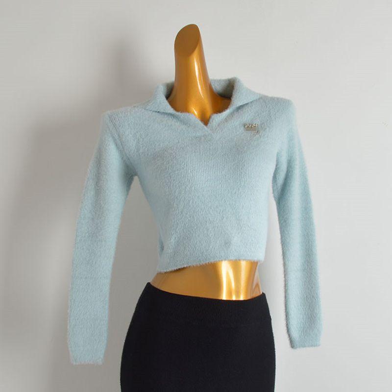 Style New Arrival Anti-Mink Velvet Lapel Pullover Knitwear Sweaters Women's Clothing Fall and Winter Fashion Short Soft Glutinous Long Sleeves Tops