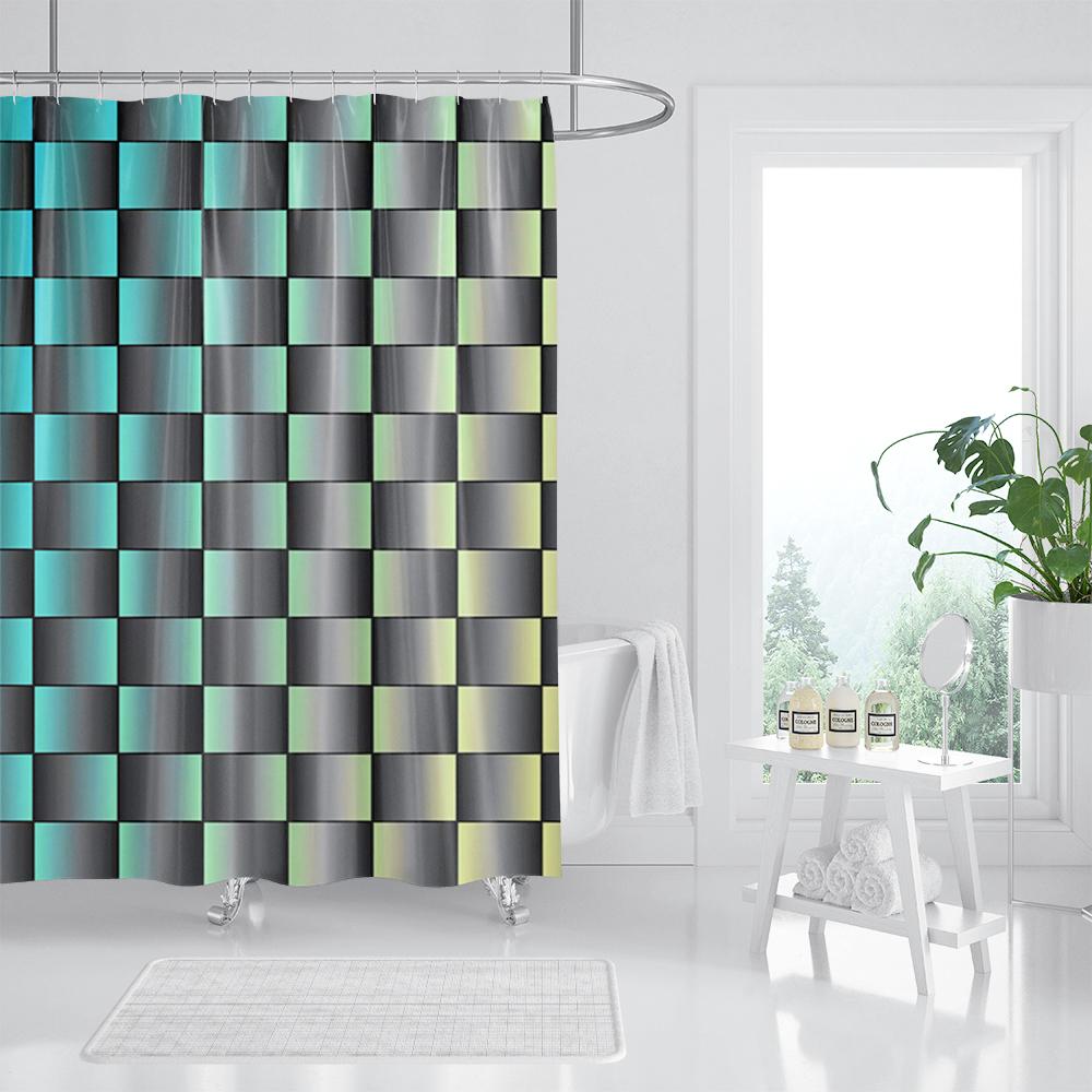 Blue Mosaic Pattern Shower Curtains Waterproof Polyester Bath Curtain Geometrical for Bathroom Home Decor Curtain with Hooks