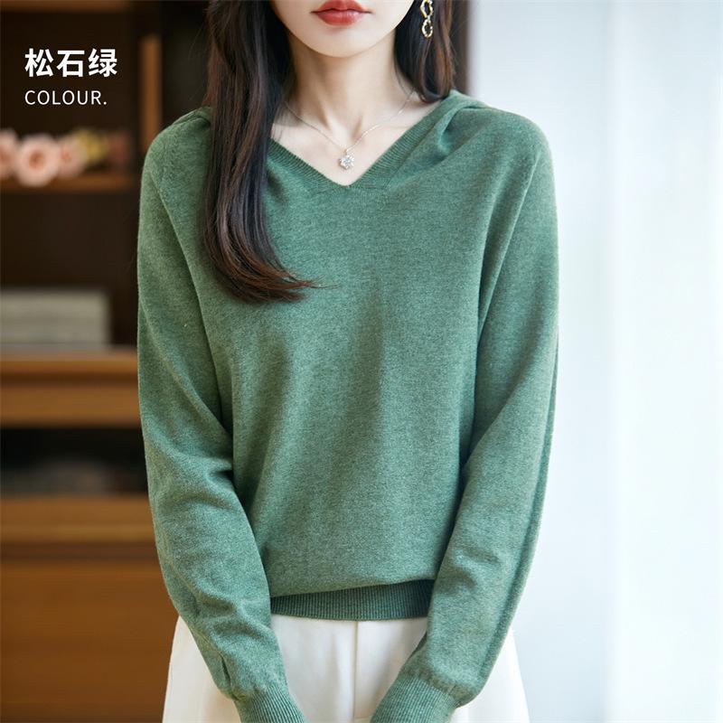 Вязаный свитер с капюшоном и V-образным вырезом для осени и зимы, теплый свитер-худи для женщин