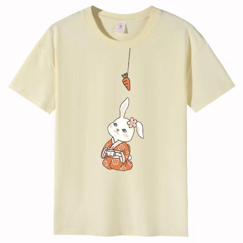 Футболка с изображением кролика из хлопка для женщин 2025 года, летние новые белые трендовые женские свободные топы с короткими рукавами