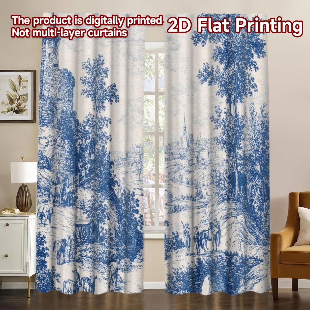 2D FLAT PRINTING 2pcs Curtains (Without Rod) Blue Scenic Countryside Illustration Chic Light Filtering Curtains Versatile