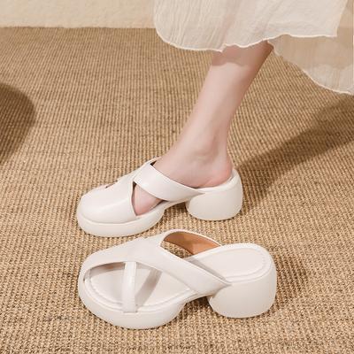 Мода 2024 Лето Новые Женские Сандалии Натуральная Кожа Круглый Носок Повседневные Офисные Женские Туфли На Толстом Среднем Каблуке Для Женщин