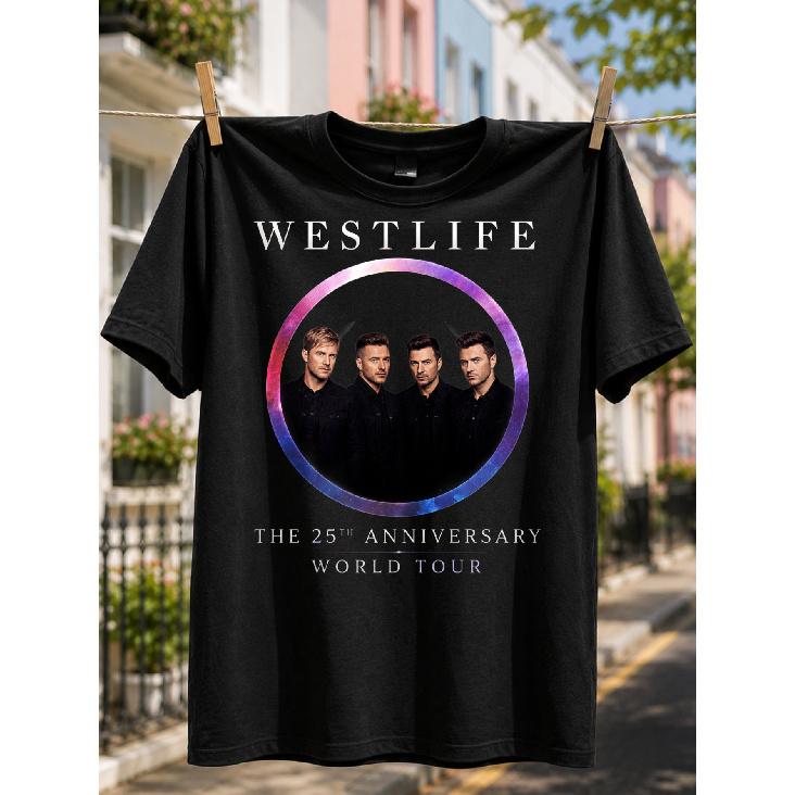 Мужская футболка Westlife 25-й Юбилейный Мировой Тур - Официальный и Иконический Принт, Свободный Покрой, Круглый Вырез, Повседневная Рубашка, Подходит для Фанатов Музыки, Подарок для