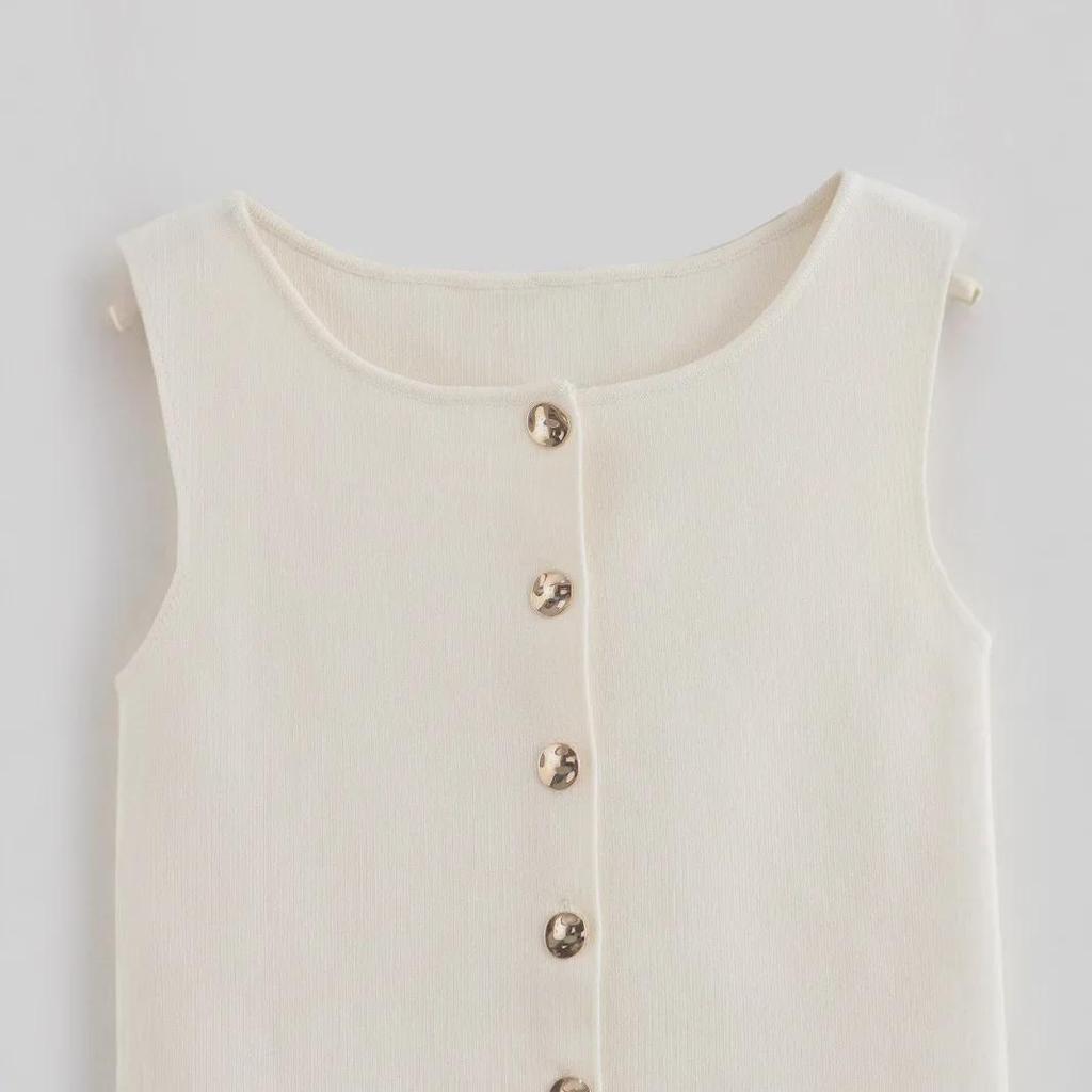 European & American Women's Fashion 2024 Gold Button Flat Stitch Vest Top