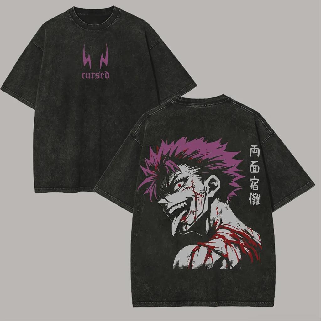 Jujutsu Kaisen Сукуна Футболка Мужская Кислотная Стирка Оверсайз Уличная Одежда Аниме Фиолетовые Волосы Кровавый Рёмен Хлопок Винтажная Графическая Футболка