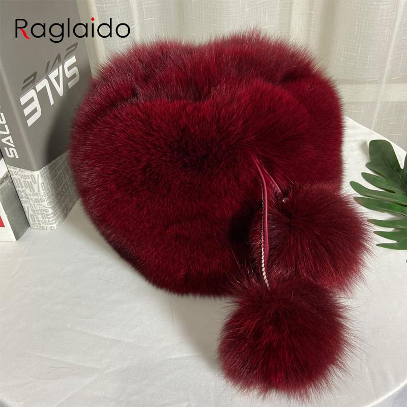 Outdoor Warm Luxury Woman Hat Fluffy Natural Fox Fur Fur Fluffy Cap Fluffly Snow Hat Balls Female Hot 100% Genuine Fur Hat