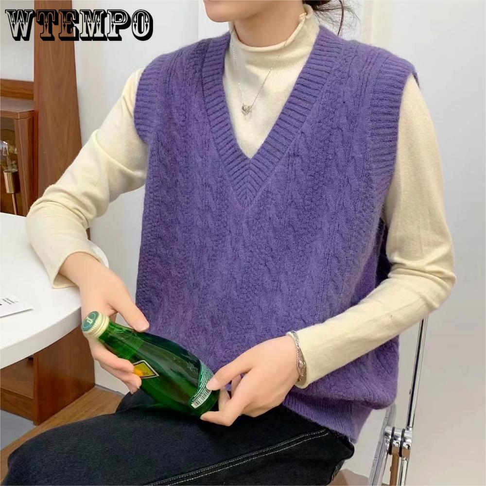 WTEMPO Свитера без рукавов в стиле преппи, трикотажные женские однотонные повседневные свитера с V-образным вырезом, трикотажные жилеты