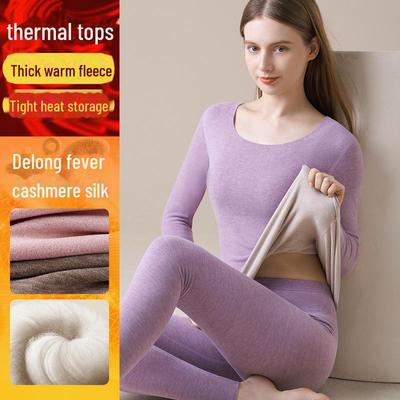 Женское термобелье из кашемира: Плюс бархатный, плотный бесшовный топ с круглым вырезом на осень/зиму.