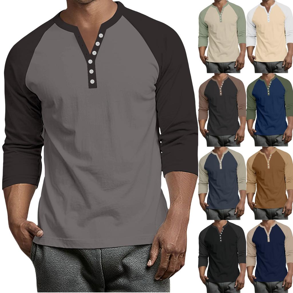 Men's Button-Down Contrast Raglan 3/4 Sleeve Top