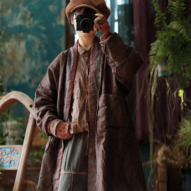 Johnature Women Fashion Vintage Printing Loose Clothing Long Sleeve Clothing Coats