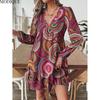 MODIQUE 2025 Summer New Women's Sexy Geometric Print Lantern Sleeve Flounce Short Dress Ladies Casual A-Line Hot V-Neck Dress