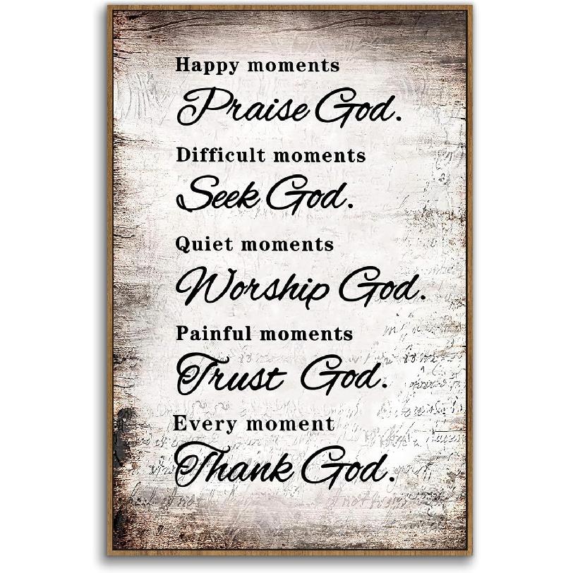 PHAMTE Christian Quotes Happy Moments Praise God Wall Art,Positive Bible Verse Scripture Print Framed Canvas Painting Artwork Christian Home Living