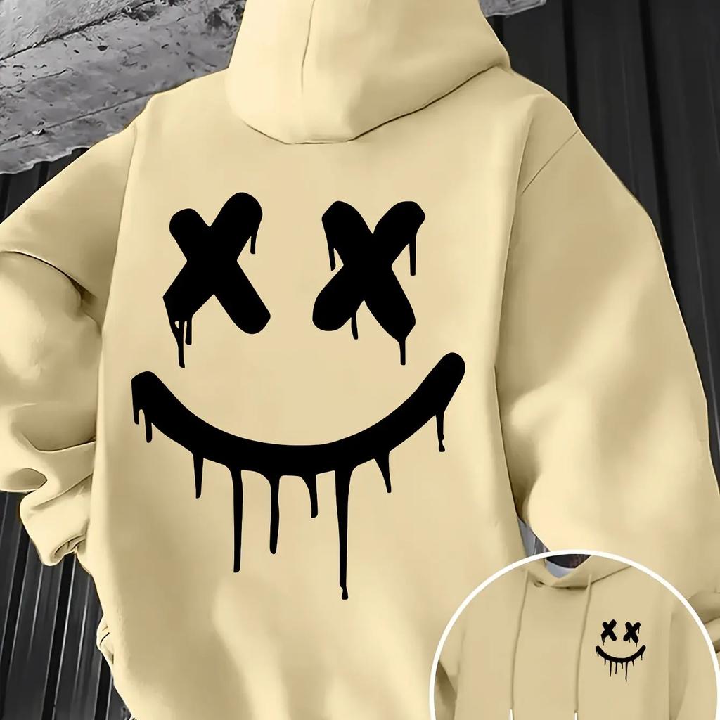 Smiley face print men's and women's autumn winter trendy printed hooded fleece sweatshirt front and back printed casual hoodie
