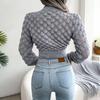 Женский однотонный шикарный укороченный вязаный свитер с длинными рукавами и 3D ромбовидным вырезом на осень и зиму SL