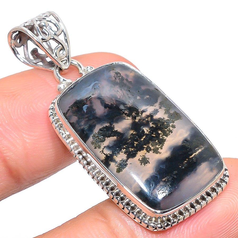Natural Moss Agate Gemstone 925 Solid Sterling Silver Jewelry Pendant 1.65" I5J75