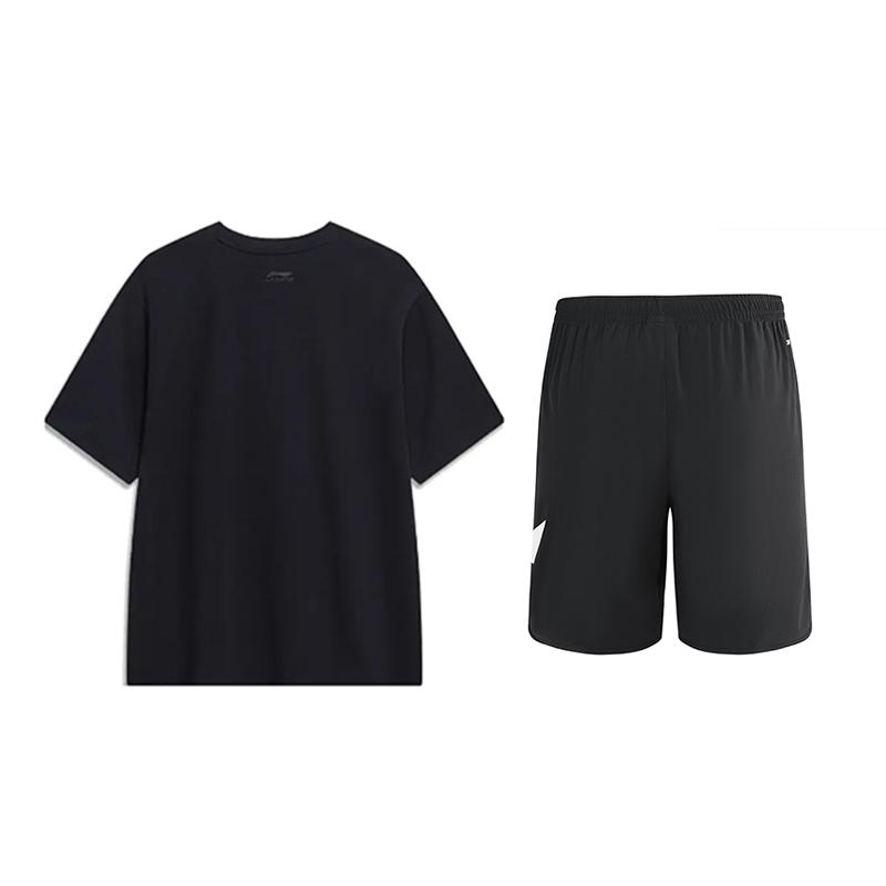 Li-Ning Мультяшный принт, круглый вырез, удобный, модный, с коротким рукавом, повседневный спортивный костюм, унисекс, черный AHST543-2+YKSV197-2