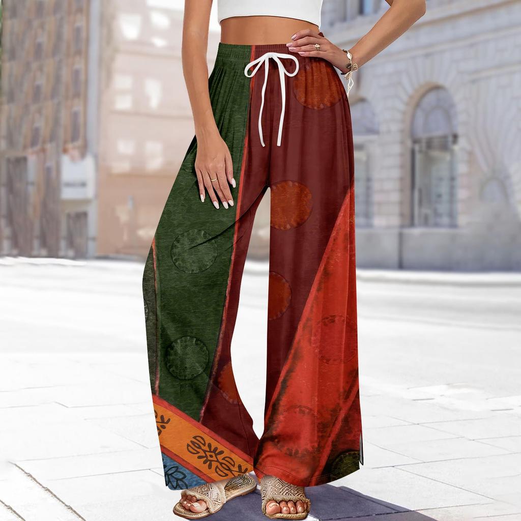Женские летние брюки-палаццо в стиле бохо с высокой талией, широкие повседневные брюки с принтом и карманами