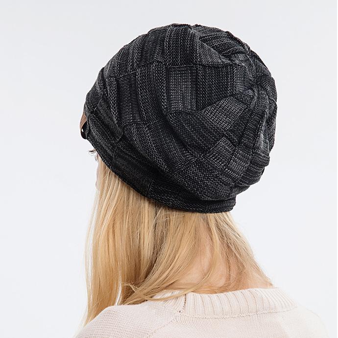 Slouchy Winter Warm Unisex Fleece Plush Lined Checkered Knit Slouchy Hats Thick Skull Chunky Beanie Cap