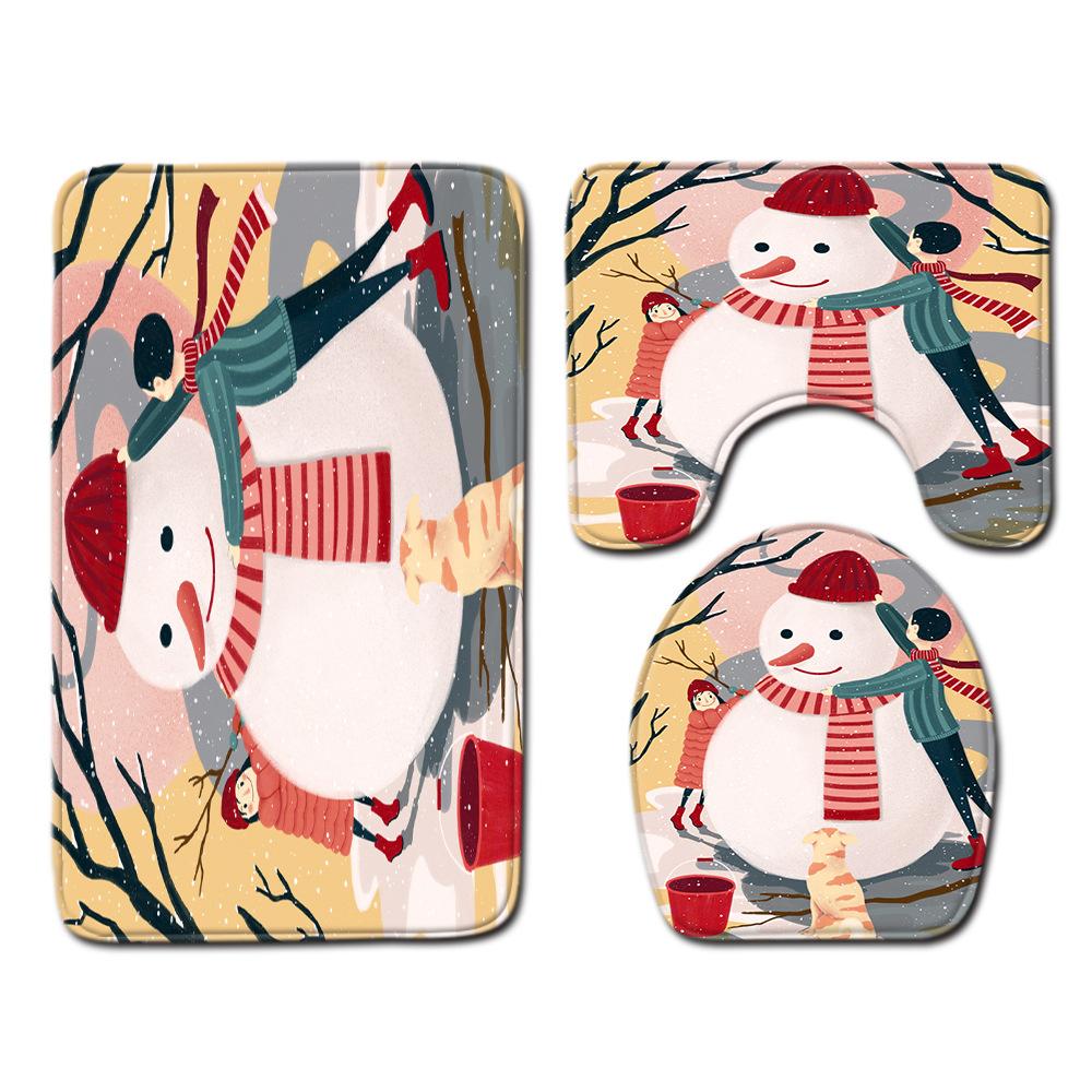 Christmas Shower Curtain Floor Mat Combination Four-Piece Bathroom Non-Slip Door Mat Foot Mat Bedroom Living Room Carpet