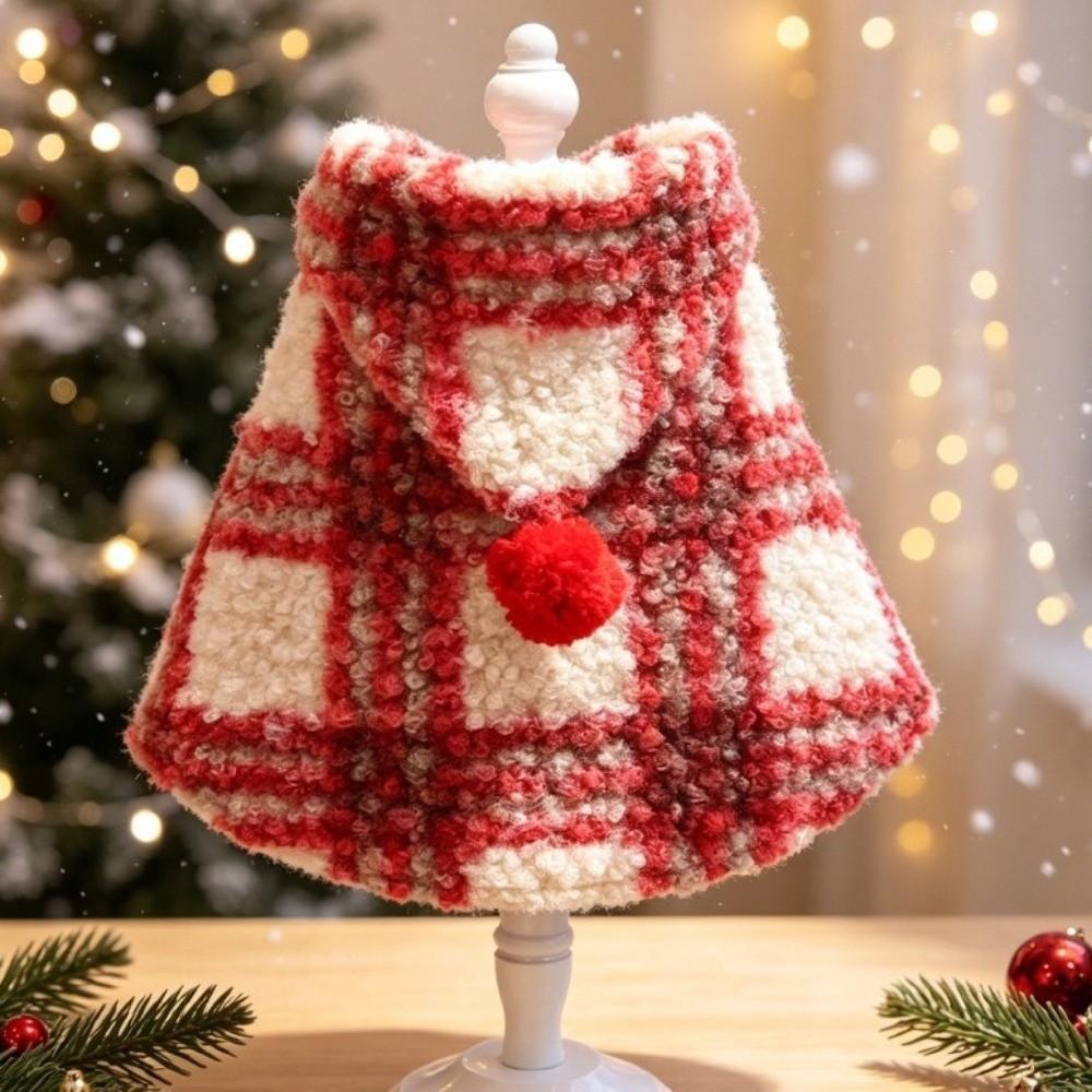 Fuzzy Fleece Pet Hooded Cape Vest Red Plaid Christmas Pet Cape Retro Pet Warm Coat Christmas