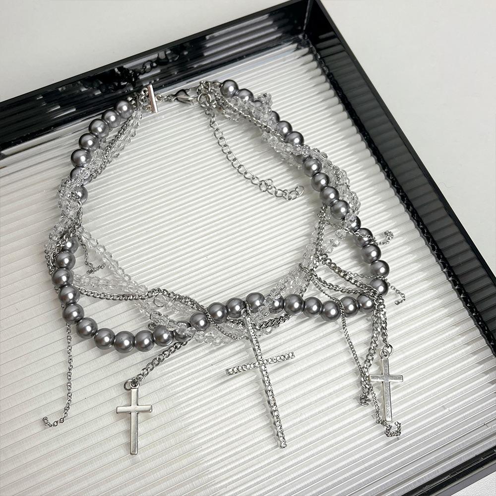 Multi-Layer Pearl Necklace Spice Girl Cross Pendant Necklace New Women's Choker