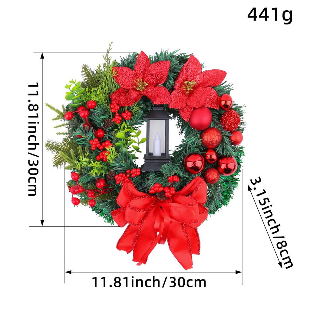 30/40CM Christmas Wreath Elegant Red Christmas Wreath with Warm Lamp Red Round Garland for Window Door Wall Ornament Decor