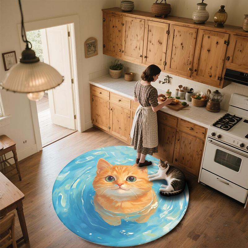 Кошка с рябью на воде, Круглый ковер, Ковер для гостиной, спальни, дивана, игровой комнаты, Декор, Нескользящий коврик для пола