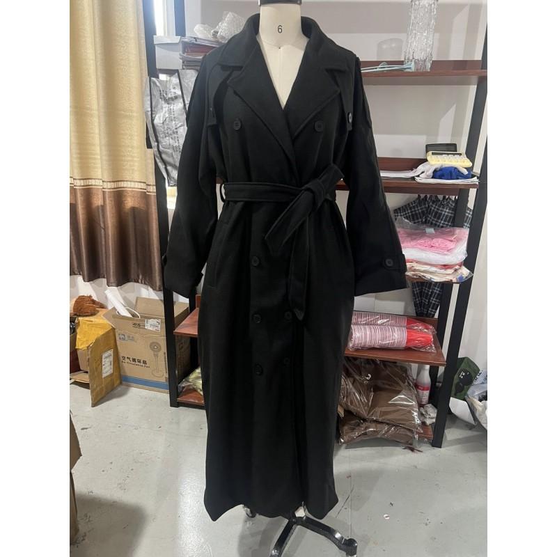 Womens Solid Color Lapel Long Wool Coat Double Breasted Casual Commuter Outerwear