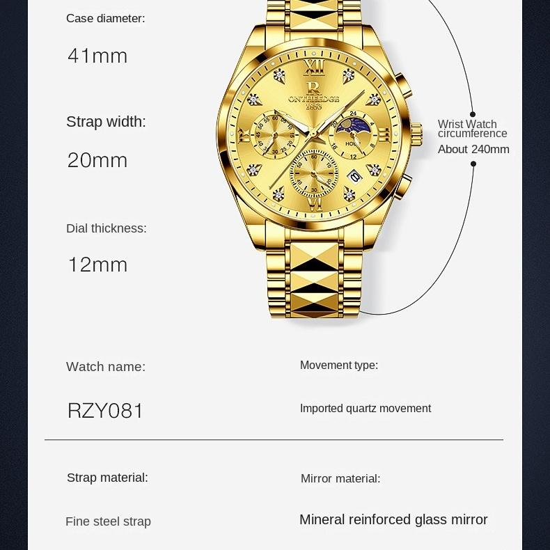 ONTHEEDGE Watch Men's Multi-functional Three-eye Six-pin Gold Business Men's Quartz Watch