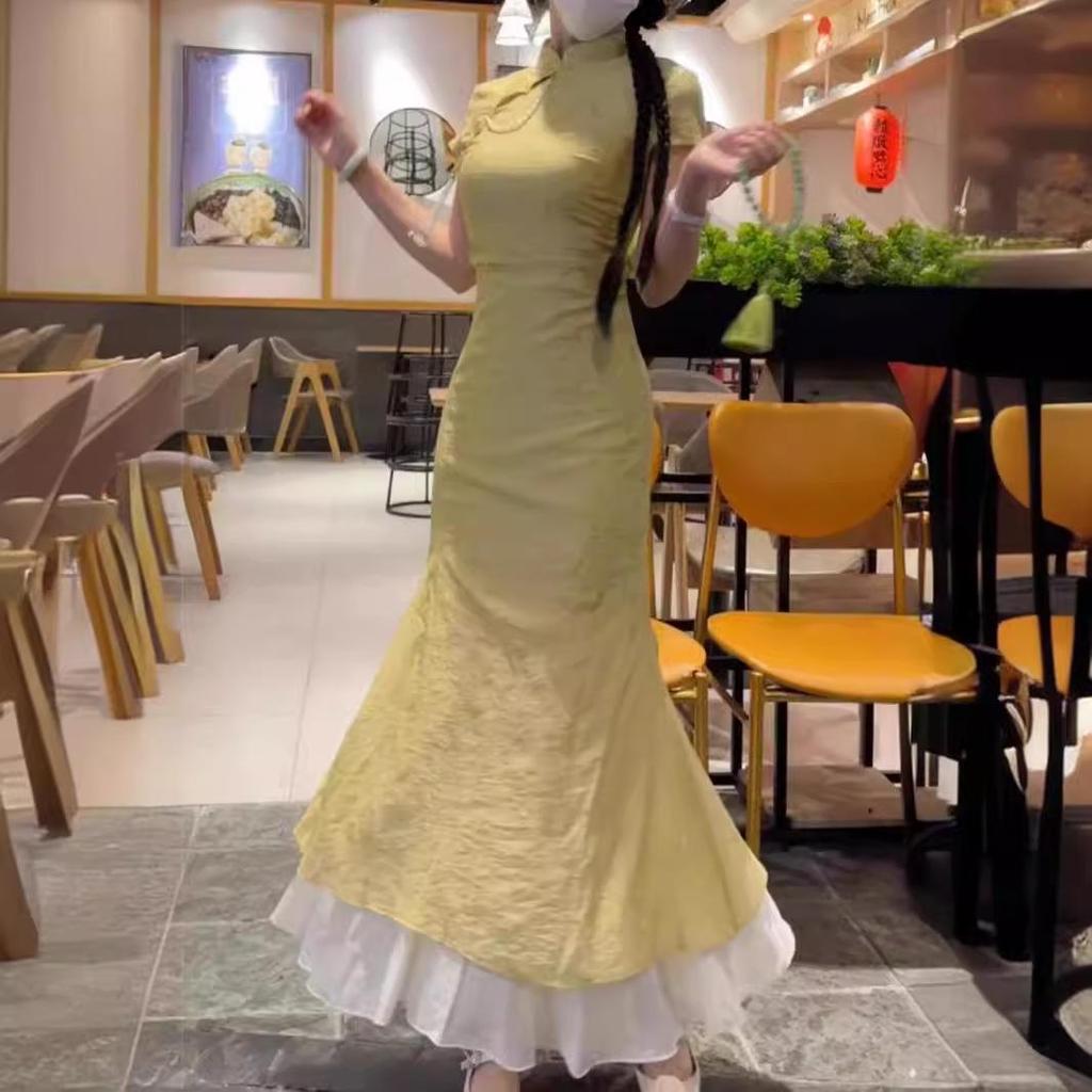 Ретро китайское ципао со стойкой: Пошаговое платье-слим с лотосом