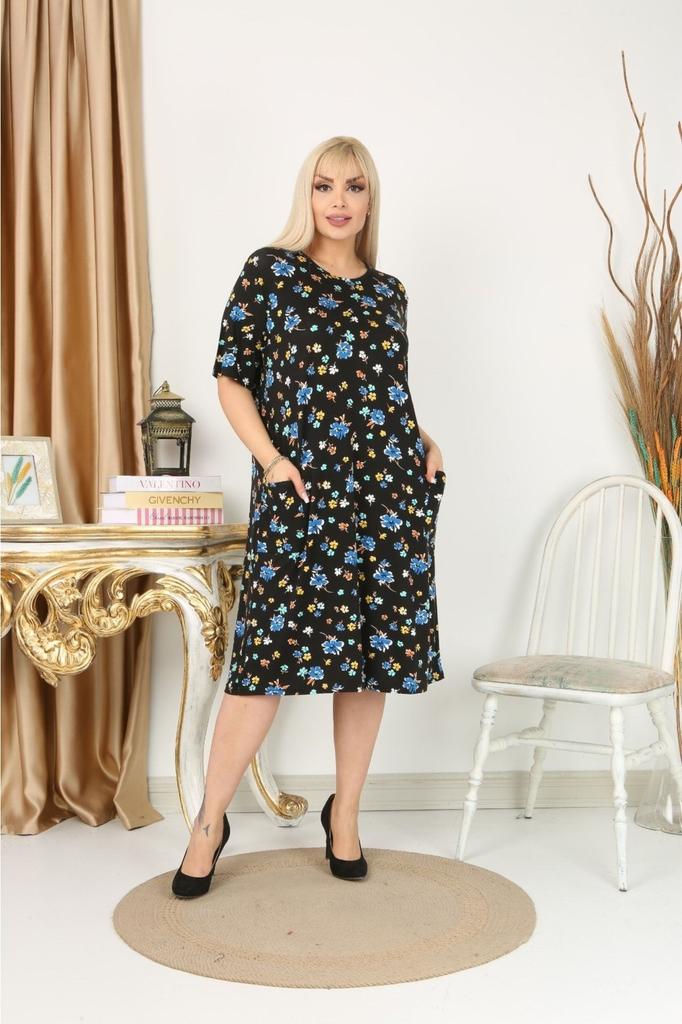 Женское платье большого размера, черно-синее платье с карманами и цветочным узором