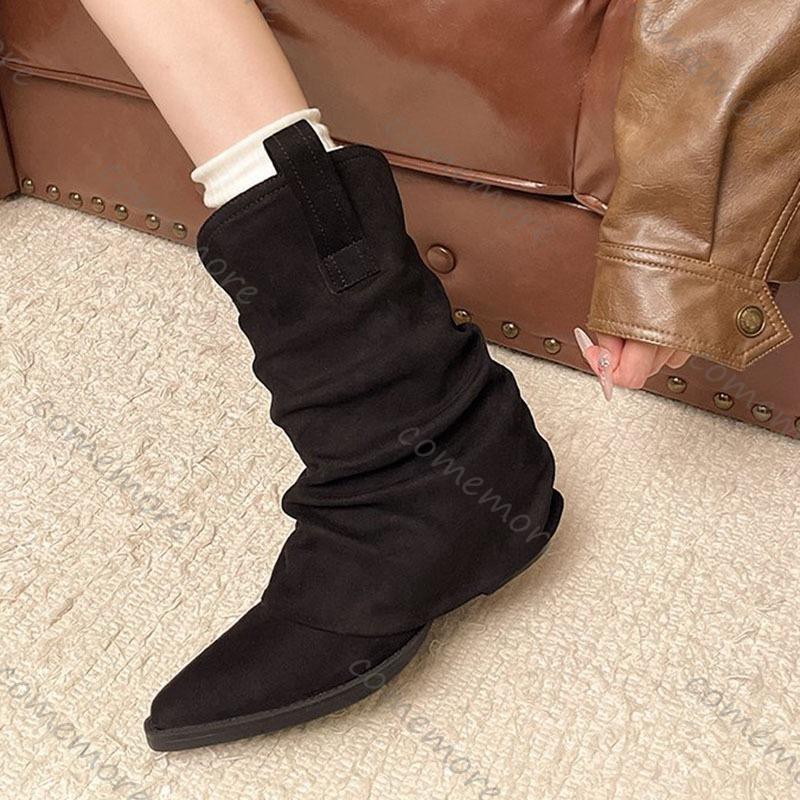 Fashion Comemore Autumn Vintage Pointed Toe Women Western Cowboy Boots Fashion Slip On Shoes Ladies Elegant Thick Heel Short Booties