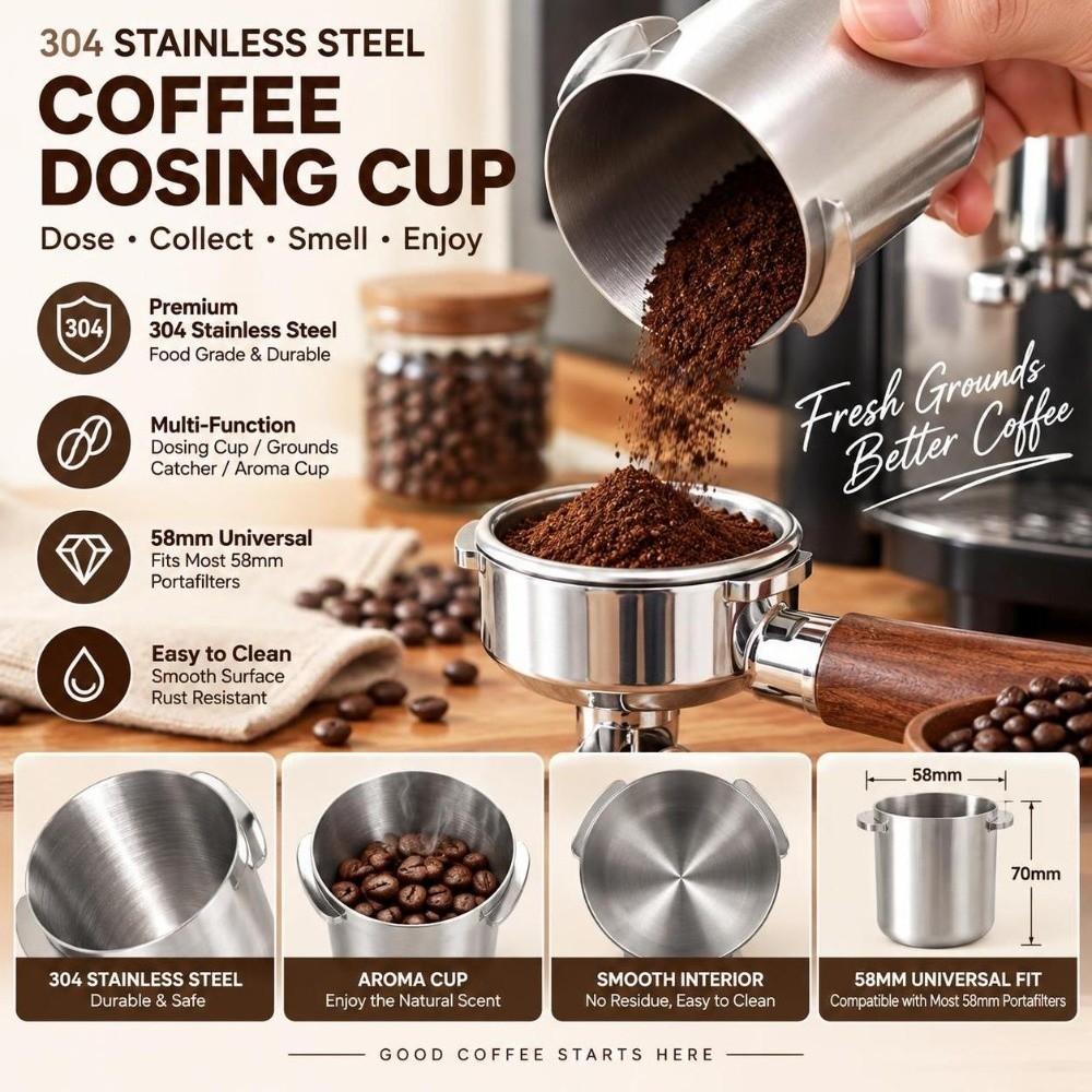 Smooth Surface Espresso Dosing Cup Silver Coffee Measuring Cup Espresso Powder Transfer