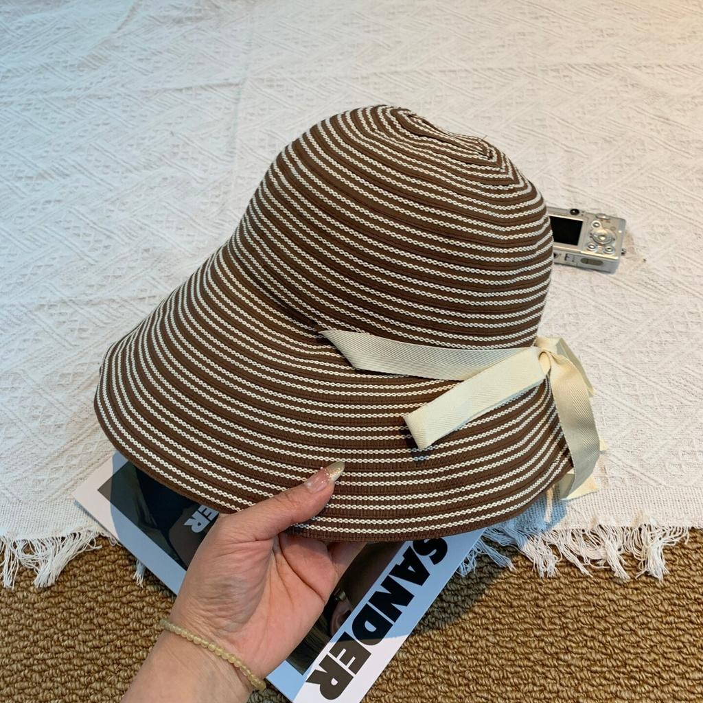 New striped strap large brim bucket hat women's summer foldable sun protection UV protection outdoor sun hat