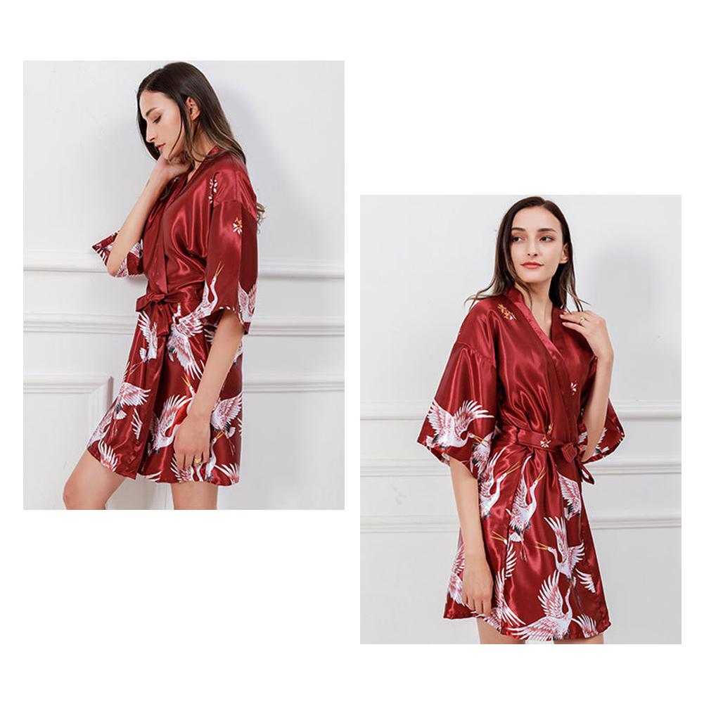 Puntos Summer Ice Silk Fabric Women Lady Nightgown Flower Print Short Bathrobe