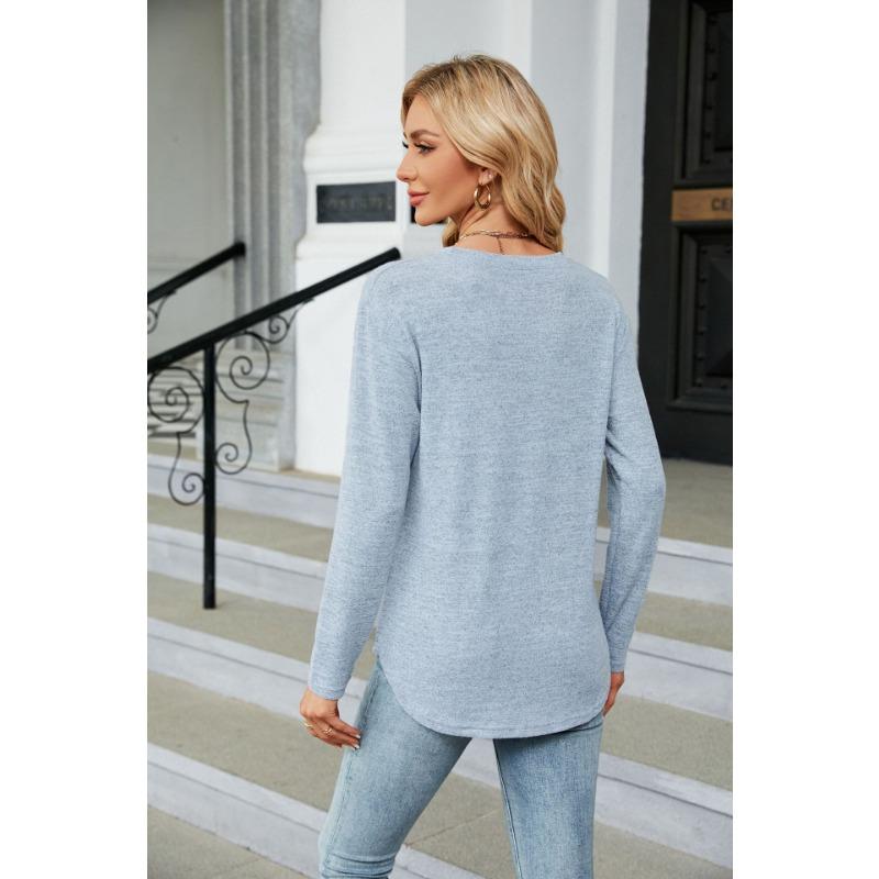 YYFS Women's Fashion Casual Spring Fall Solid Color Print Long Sleeve O-Neck Blouses & Shirts