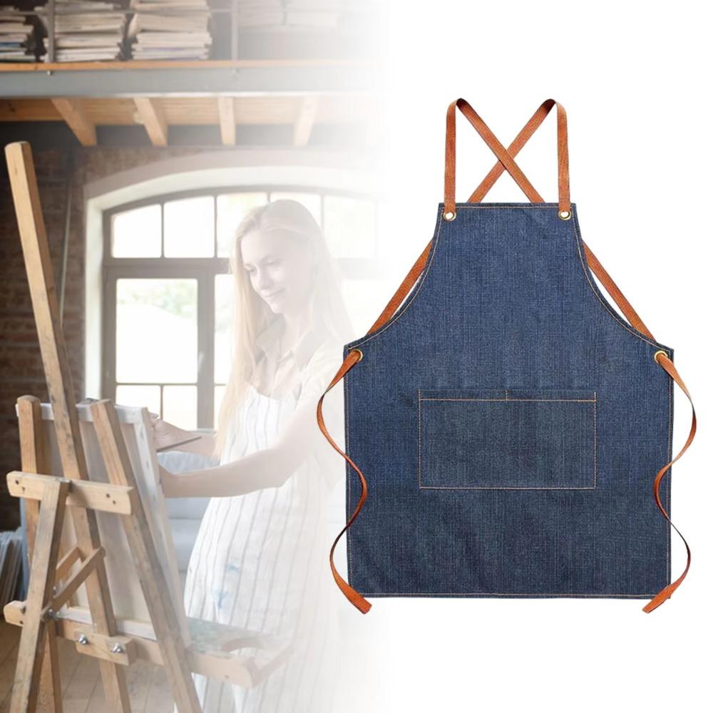 Dirt-resistant Kitchen Chef Apron with Pocket Painting Apron Durable Cross Back Denim Apron  Cafe