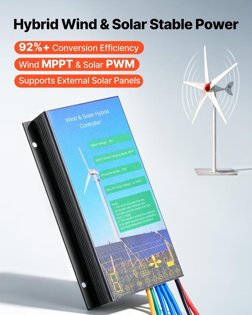 800W 12V Wind Turbine Generator, 5-Blade Wind Turbine Kit with Wind & Solar Hybrid Controller, Efficient 3-Phase AC Permanent Wind Power Generator for