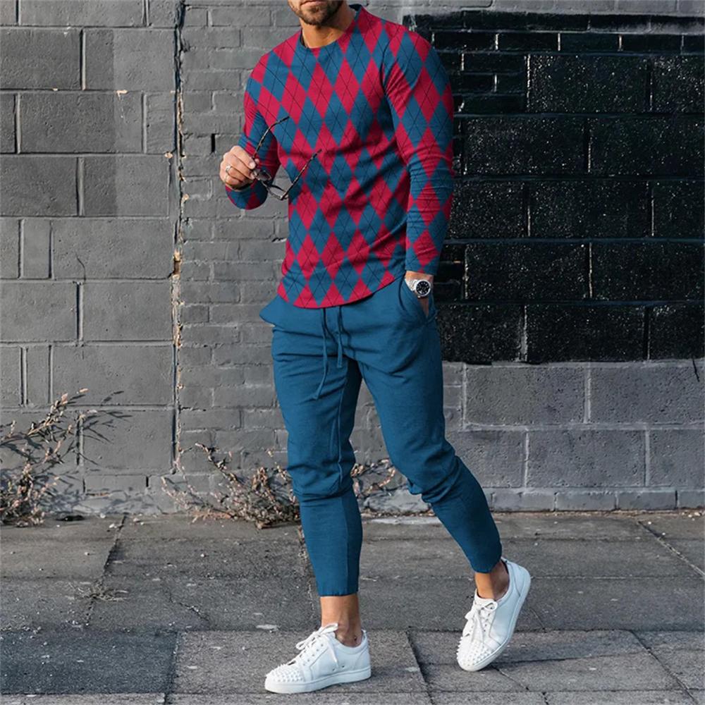 Мужской винтажный спортивный костюм на весну и осень, повседневный комплект из двух предметов: футболка с длинным рукавом и брюки, уличная спортивная одежда 2024 года