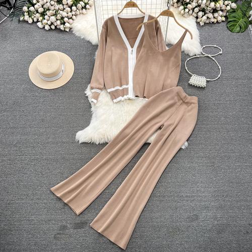 Осень-зима, винтажный однотонный вязаный свитер, брюки, комплект из 3 предметов, женский спортивный костюм, куртка на молнии с длинными рукавами, пальто, жилет, брюки, наряды