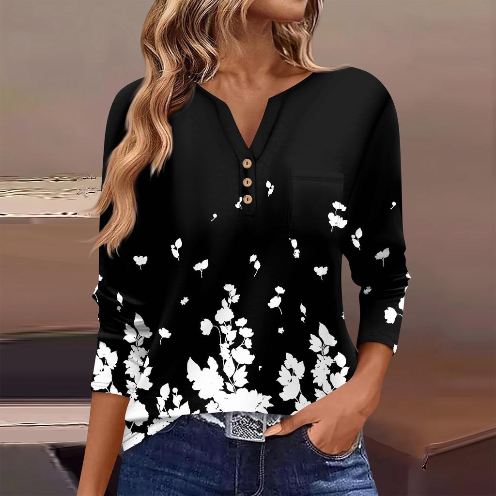 Женская футболка с длинным рукавом на пуговицах, повседневная, выходного дня, модная, базовая, с V-образным вырезом, обычная, с карманом