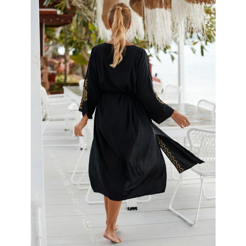 Женская мода весна осень длинные рукава V-образный вырез высокая талия повседневные платья