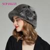 Womens Whole Mink Fur Hats for Winter Bucket Cap with Real Feather Flower Elegant Ladies Formal Hat