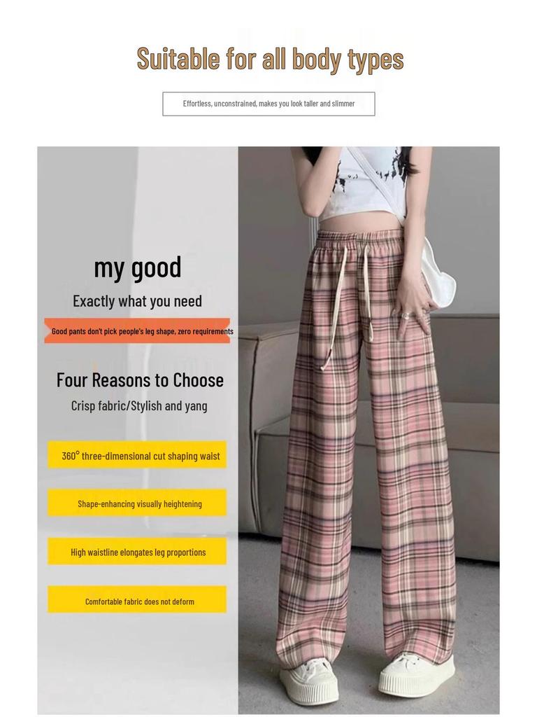 Pink Plaid Wide-Leg Pants for Petite Pear-Shaped Women - Slim Fit, Loose Straight-Leg, Floor-Length for Spring/Autumn