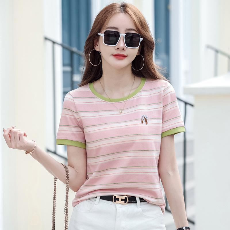 Летние хлопковые свободные футболки с короткими рукавами, женские топы в полоску