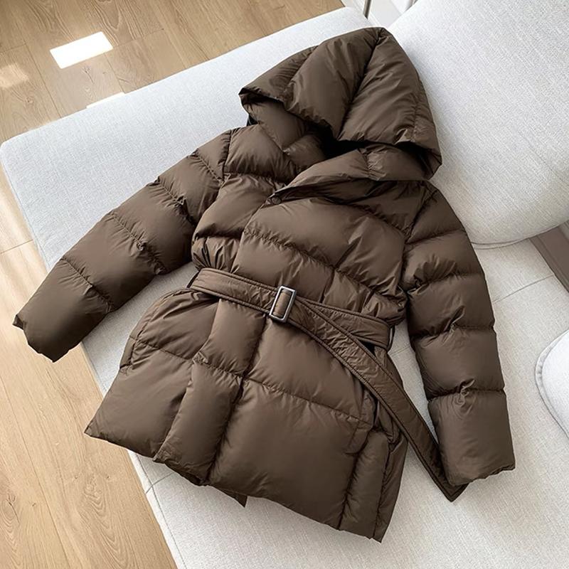 Winter Hooded Women's Down Jackets Warm Casual Coat Puffer Jacket Belt Elegant Parka Overcoat