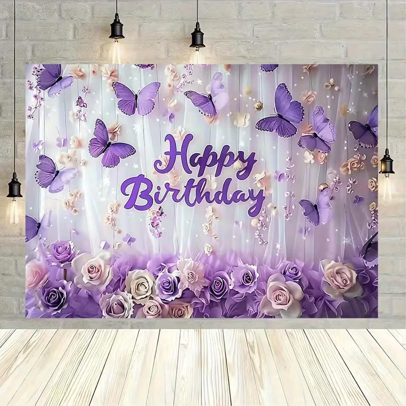 2D Purple Butterfly Happy Birthday Backdrop Banner with Roses & Flowers