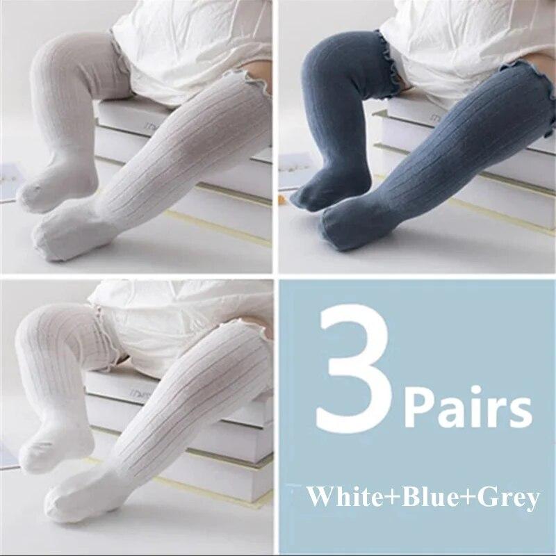 3 пары/лот Носки для маленьких девочек Кружевные с оборками Однотонные Хлопковые Длинные Гольфы до колена Детские Носки для Младенцев Новорожденных Весенние Детские с оборками Милые Носки
