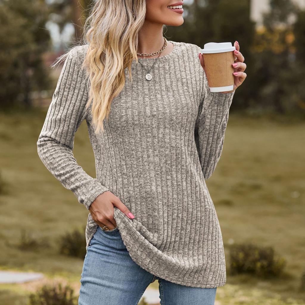 Осенний женский трикотаж Одежда женская повседневная Круглый вырез Матовый полосатый свитер Однотонный топ Длинный рукав Футболка